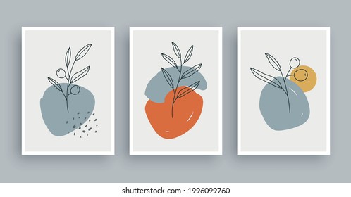 Botanical wall art painting background. Foliage art and hand drawn line with abstract shape. Mid century scandinavian nordic style.