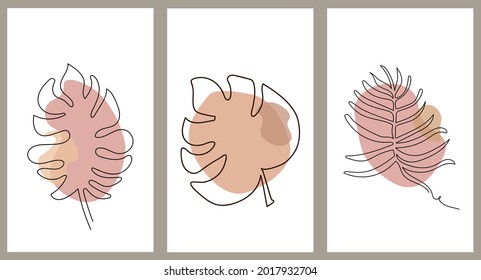 Botanical wall art pink vector set. Skin tone boho feathers and flowers line art drawing with abstract shape. Abstract Plant Art design for print, cover, wallpaper, Minimal and natural wall