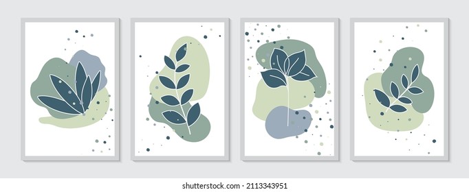 Botanical wall art plant wallpaper design for print. Green boho foliage concept with geometric minimal design. Vector botanical floral pattern illustration