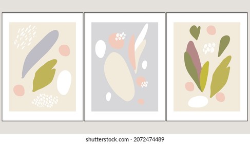 Botanical wall art poster set with abstract shapes and minimalist plant elements. Vector illustration.