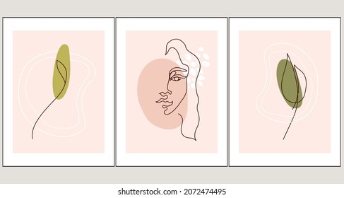 Botanical wall art poster set with abstract shapes, minimalist plant elements, female face. Vector illustration.