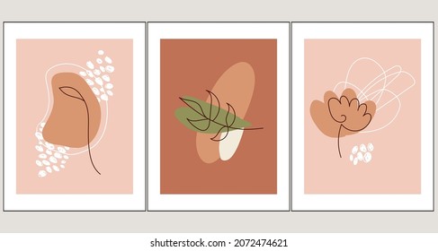 Botanical wall art poster set with abstract shapes and minimalist plant elements. Vector illustration.