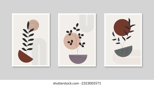 Botanical wall art poster set. Minimalist boho foliage line art with abstract shape. Tropical plant illustration design for wallpaper, print, cover. Vector