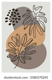 Botanical wall art poster. Tropical Foliage line art drawing with abstract shape. Boho Abstract Plant Art design