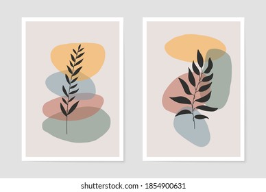 Botanical wall art posters. Abstract shapes boho foliage for decor cards wallpaper cover print, minimal vector contemporary style.