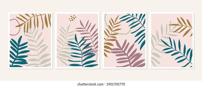 Botanical wall art posters collection. Set of tropical leaves drawings with abstract shapes in pastel colors. Artistic wildlife nature art. Minimalist modern floral background.