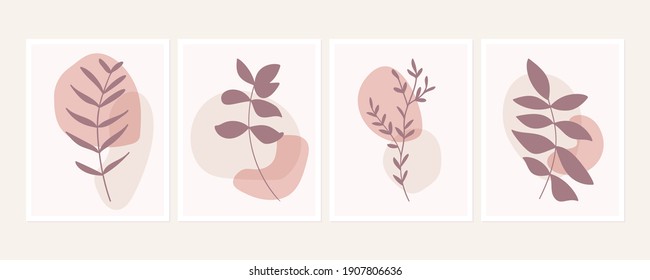 Botanical wall art posters collection. Set of simple leaves branches drawings with abstract shapes in pastel colors. Artistic wildlife nature art. Minimalist modern  background.