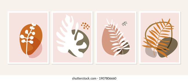 Botanical wall art posters collection. Set of tropical leaves drawings with abstract shapes in pastel colors. Artistic wildlife nature art. Minimalist modern floral background.