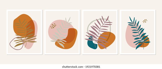 Botanical wall art posters collection. Set of tropical leaves drawings with abstract shapes in pastel colors. Artistic wildlife nature art. Minimalist modern floral background.