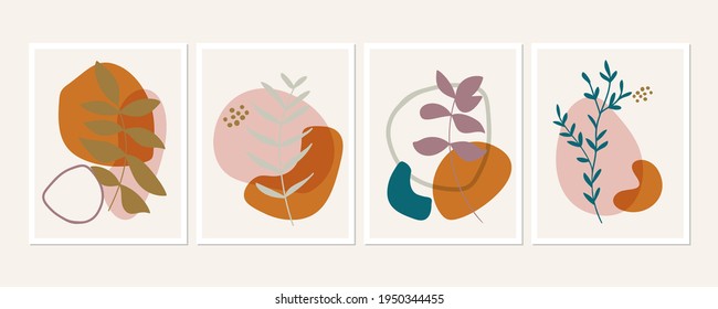 Colección de carteles de arte mural botánico. Conjunto de hojas simples ramifica dibujos con formas abstractas en colores pastel. Arte artístico de la naturaleza de la vida silvestre. Fondo moderno minimalista.