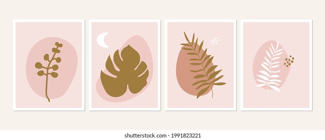 Botanical wall art posters collection. Set of tropical leaves drawings with abstract shapes in pastel colors. Artistic wildlife nature art. Minimalist modern floral background.