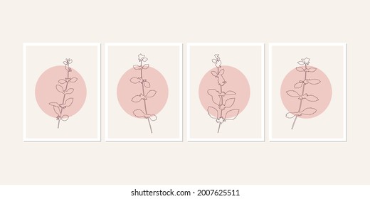 Botanical wall art posters collection. Set of realistic leaves, plants, herbs or flowers with abstract shapes in pastel colors. Artistic  nature art. Minimalist modern floral background.