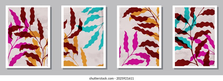 Botanical wall art posters collection. Spring branches with foliage. Eucalyptus leaves tropical botanical design.. Willow nature covers. Foliage vector illustration. vector design..
