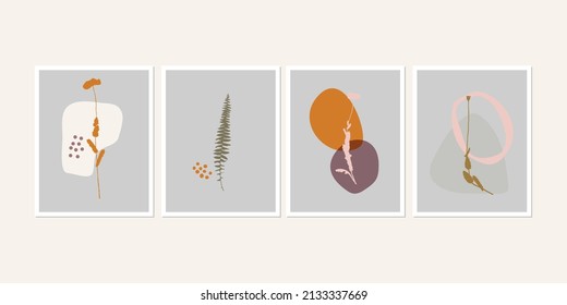 Botanische Wand-Kunst-Plakatkollektion. Eine Reihe von realistischen Blättern, Pflanzen, Kräutern oder Blumen mit abstrakten Formen in Pastellfarben. Künstlerische Naturkunst. Minimalistischer, moderner floraler Hintergrund.