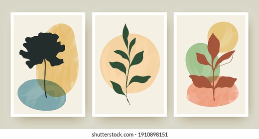 Afiches de arte mural botánico, plantillas vectoriales con formas abstractas de acuarela e ilustraciones florales. Dibujo natural mínimo de follaje. Diseño de planta moderna para medios sociales, portada, invitación.