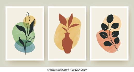 Botanical wall art posters vector templates set with watercolor abstract shapes and floral illustrations. Minimal natural foliage drawing. Modern plant design for social media, cover, invitation.