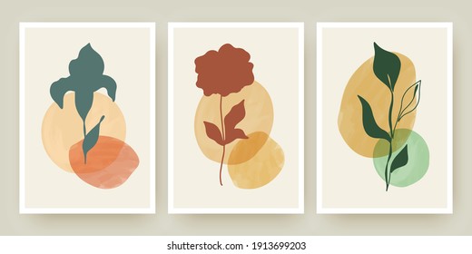 Botanical wall art posters vector templates set with watercolor abstract shapes and floral illustrations. Minimal natural foliage drawing. Modern plant design for social media, cover, invitation.