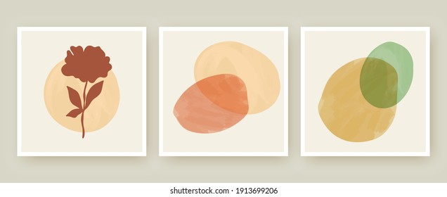 Afiches de arte mural botánico, plantillas vectoriales con formas abstractas de acuarela e ilustraciones florales. Dibujo de líneas naturales mínimas. Diseño de planta moderna para medios sociales, portada, invitación.
