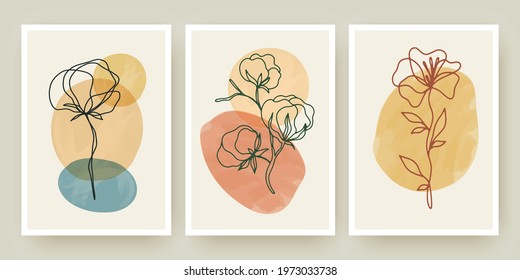 Botanical wall art posters vector templates set with watercolor abstract shapes and floral illustrations. Minimal natural foliage drawing. Modern plant design for social media, cover, invitation.