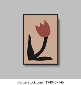 Botanical wall art print. Hand drawn flower art with terracotta colors. Art print for bedroom decor. Abstract flower poster for wall and interior. Neutral minimal boho art for bedroom. Minimal vector 