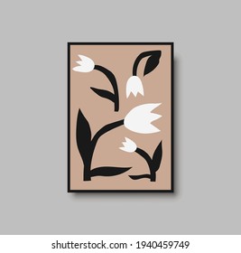 Botanical wall art print. Hand drawn flower art with terracotta colors. Art print for bedroom decor. Abstract flower poster for wall and interior. Neutral minimal boho art for bedroom. Minimal vector 