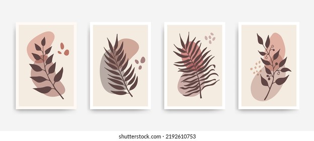 Botanical wall art print vector set. Wall decor with palm leaves in boho style. Abstract terracotta wall art set design for prints, wallpaper, social media stories, posters. Minimal wall art vector