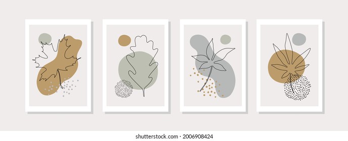 Botanical wall art set with abstract geometric shapes, autumn tree leaves line art drawing, minimal doodles. Contemporary poster for minimal print, boho wall decor, flat design Vector continuous art