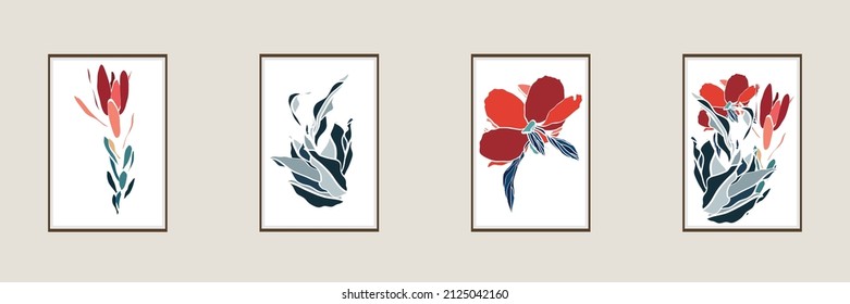 Botanical wall art set. Abstract flower line art drawing. Plant Art design for print, cover, wallpaper, Minimal and natural wall illustration. 