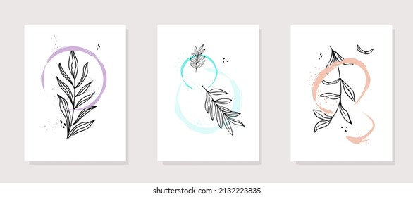 Botanical wall art set. Abstract contemporary modern trendy vector illustration. Foliage lineart drawing with abstract shape. Minimal and natural wall art design for print, cover, wallpaper