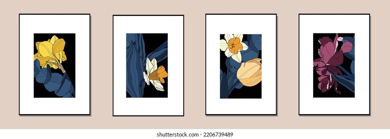 Botanical wall art set. Abstract flower line art drawing. Plant Art design for print, cover, wallpaper, Minimal and natural wall illustration. 