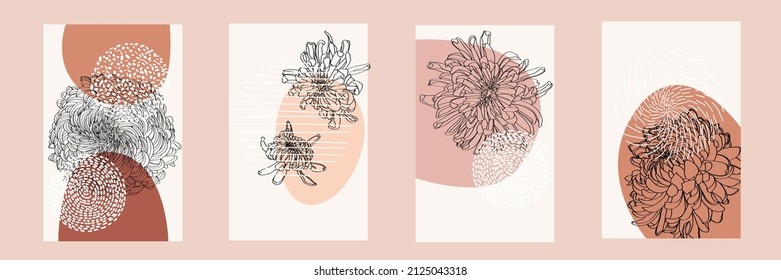 Botanical wall art set. Chrysanthemum flower line art drawing with abstract shape. Abstract Plant Art design for print, cover, wallpaper, Minimal and natural wall illustration. 