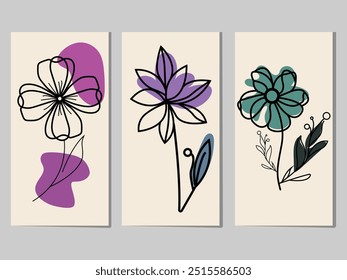 Arte de parede botânica conjunto flor linha arte desenho ilustração