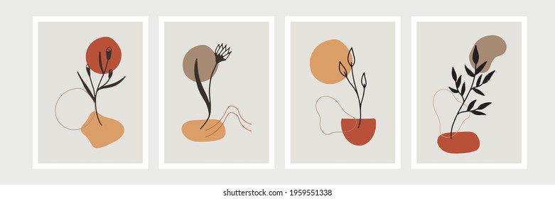 Botanical wall art set. Foliage line art drawing with abstract shape. Minimal and natural wall art. Boho style wall decor for modern organic home design, poster, banner, greeting card and more