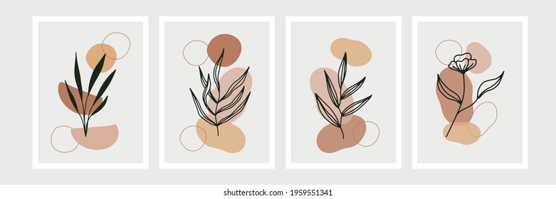 Botanical wall art set. Foliage line art drawing with abstract shape. Minimal and natural wall art. Boho style wall decor for modern organic home design, poster, banner, greeting card and more