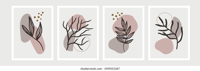 Botanical wall art set. Foliage line art drawing with abstract shape. Minimal and natural wall art. Boho style wall decor for modern organic home design, poster, banner, greeting card and more