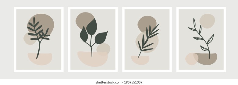 Botanical wall art set. Foliage line art drawing with abstract shape. Minimal and natural wall art. Boho style wall decor for modern organic home design, poster, banner, greeting card and more