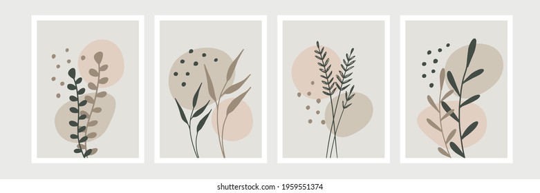 Botanical wall art set. Foliage line art drawing with abstract shape. Minimal and natural wall art. Boho style wall decor for modern organic home design, poster, banner, greeting card and more