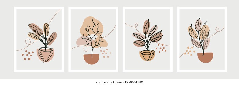 Botanical wall art set. Foliage line art drawing with abstract shape. Minimal and natural wall art. Boho style wall decor for modern organic home design, poster, banner, greeting card and more