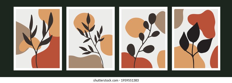 Botanical wall art set. Foliage line art drawing with abstract shape. Minimal and natural wall art. Boho style wall decor for modern organic home design, poster, banner, greeting card and more