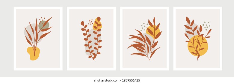 Botanical wall art set. Foliage line art drawing with abstract shape. Minimal and natural wall art. Boho style wall decor for modern organic home design, poster, banner, greeting card and more