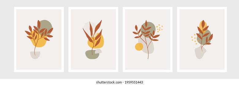Botanical wall art set. Foliage line art drawing with abstract shape. Minimal and natural wall art. Boho style wall decor for modern organic home design, poster, banner, greeting card and more