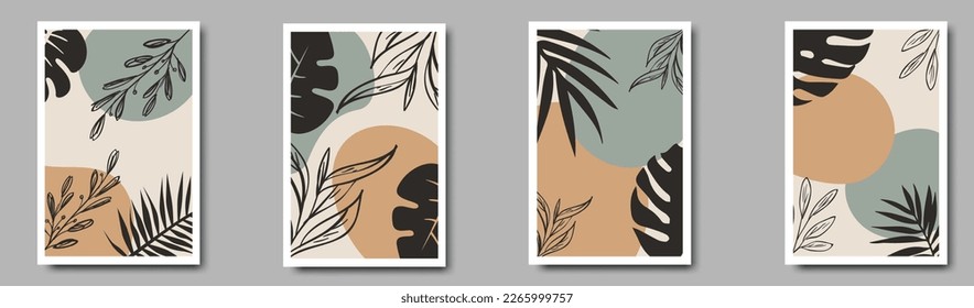 Botanical wall art set. Foliage line art drawing with abstract shape. Minimal and natural wall art. 