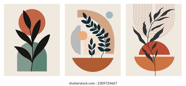 Botanical wall art set. Foliage line art drawing with abstract shape. Minimal and natural wall art. Boho style wall decor for modern organic home design, poster, banner, greeting card and more
