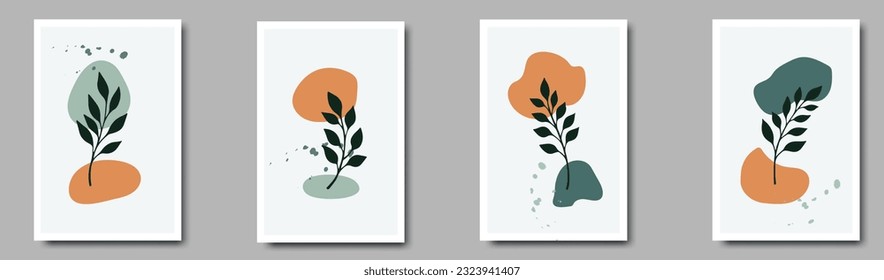 Botanical wall art set. Foliage line art drawing with abstract shape. Minimal and natural wall art.