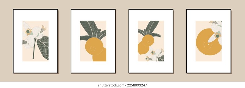 Paredes botánicas. Frutas y flores de leona adornan el dibujo con forma abstracta. Resumen Diseño de arte vegetal para impresión, cubierta, papel pintado, ilustración de pared mínima y natural. 