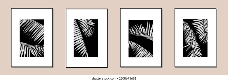 Botanical wall art set. Line palm leaves silhouette art drawing. Tropical Plant Art design for print, cover, wallpaper, Minimal and natural wall illustration. 