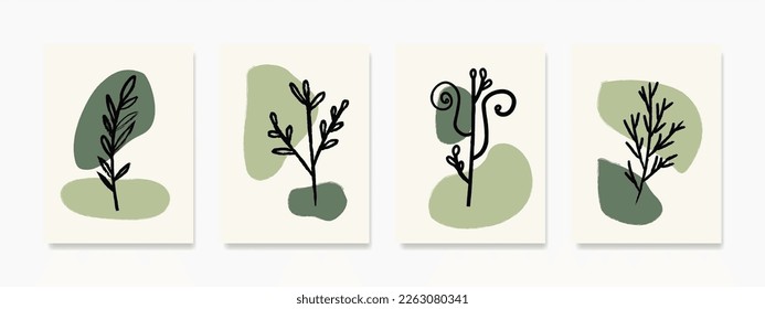 Botanical wall art set. Line art illustration of tropical foliage with abstract fluid shapes. Abstract Plant Art Design for minimal and natural prints, covers, wallpapers, and wall art.