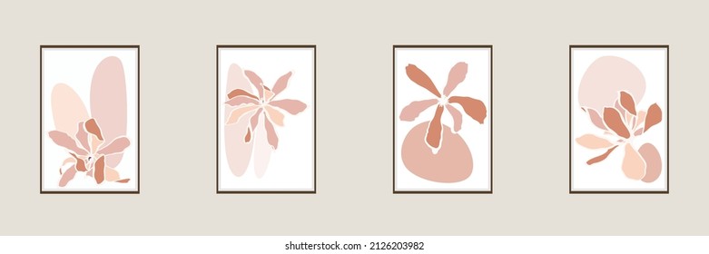 Botanical wall art set. Magnilia flowers line art drawing with abstract shape. Abstract Plant Art design for print, cover, wallpaper, Minimal and natural wall illustration. 
