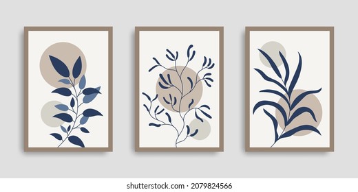 Botanical wall art set. Plants and abstract shapes in hand drawn style. Collection covers with branches and circles. Vector illustration. Modern wall. Design for print poster, cover, wallpaper. Stock