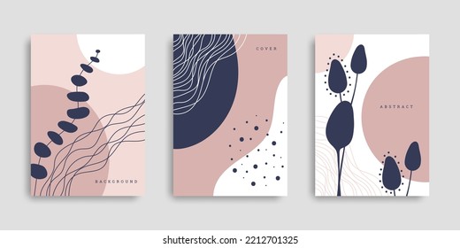 Botanical wall art set. Plants and abstract shapes in hand drawn style. Contemporary posters with branches and wavy shapes. Vector illustration. Design for print poster, cover, wallpaper.